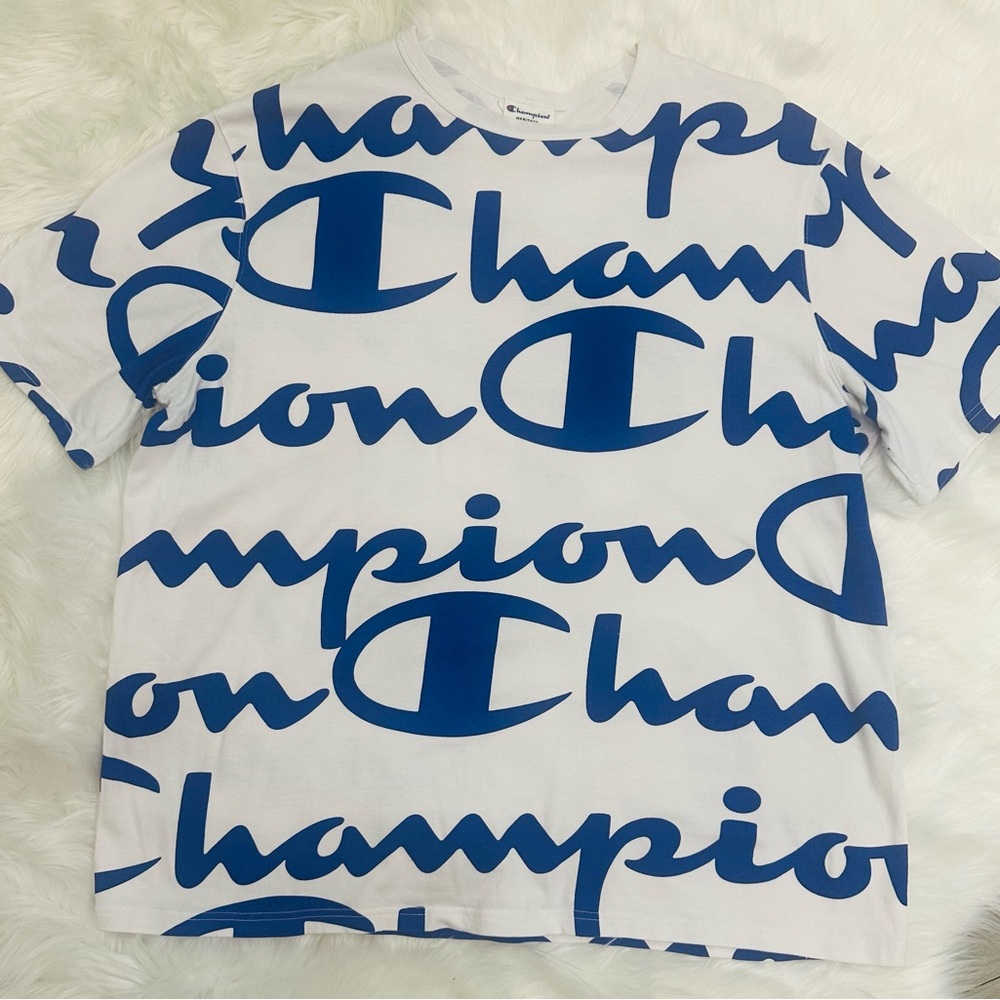 Champion men’s White Tee with Blue Logo Print